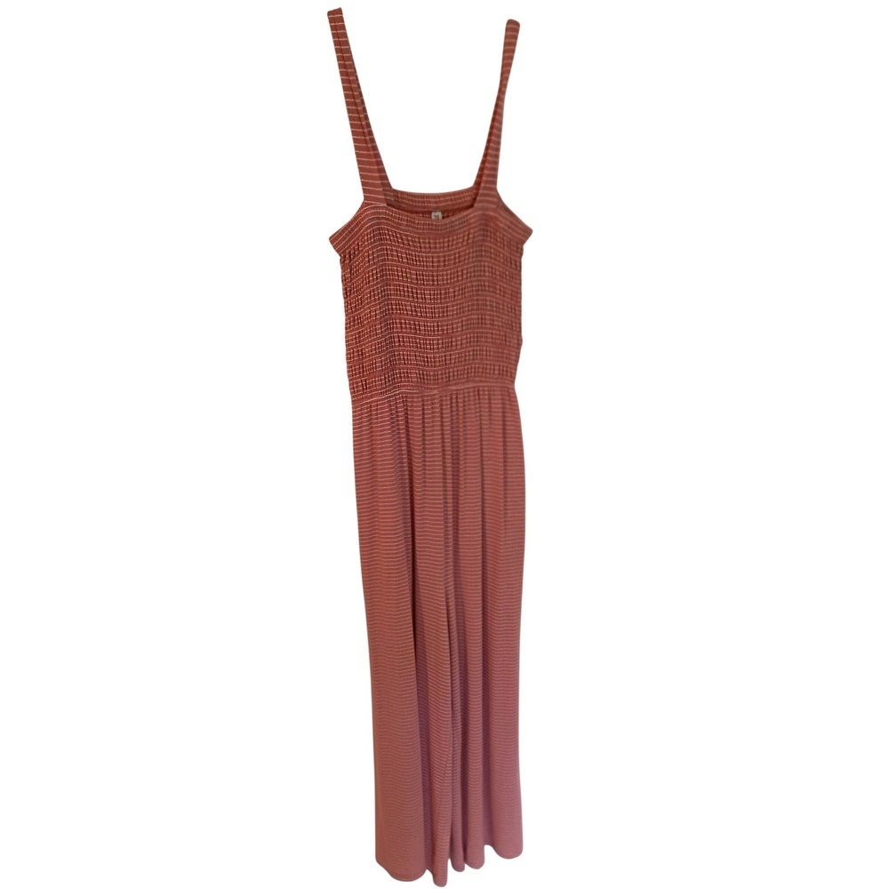Zenana Womens Small Coral Striped Smocked Bodice Wide Leg Jumpsuit Sleeveless